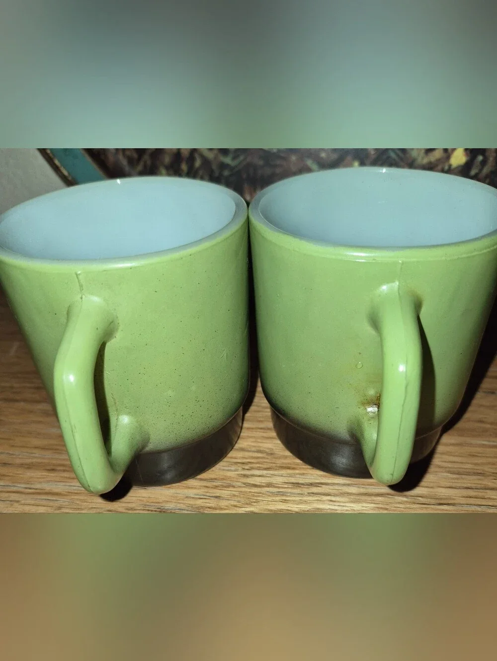 2 Vintage Anchor Hocking Fire-King stacking coffee mugs, avocado green & Black